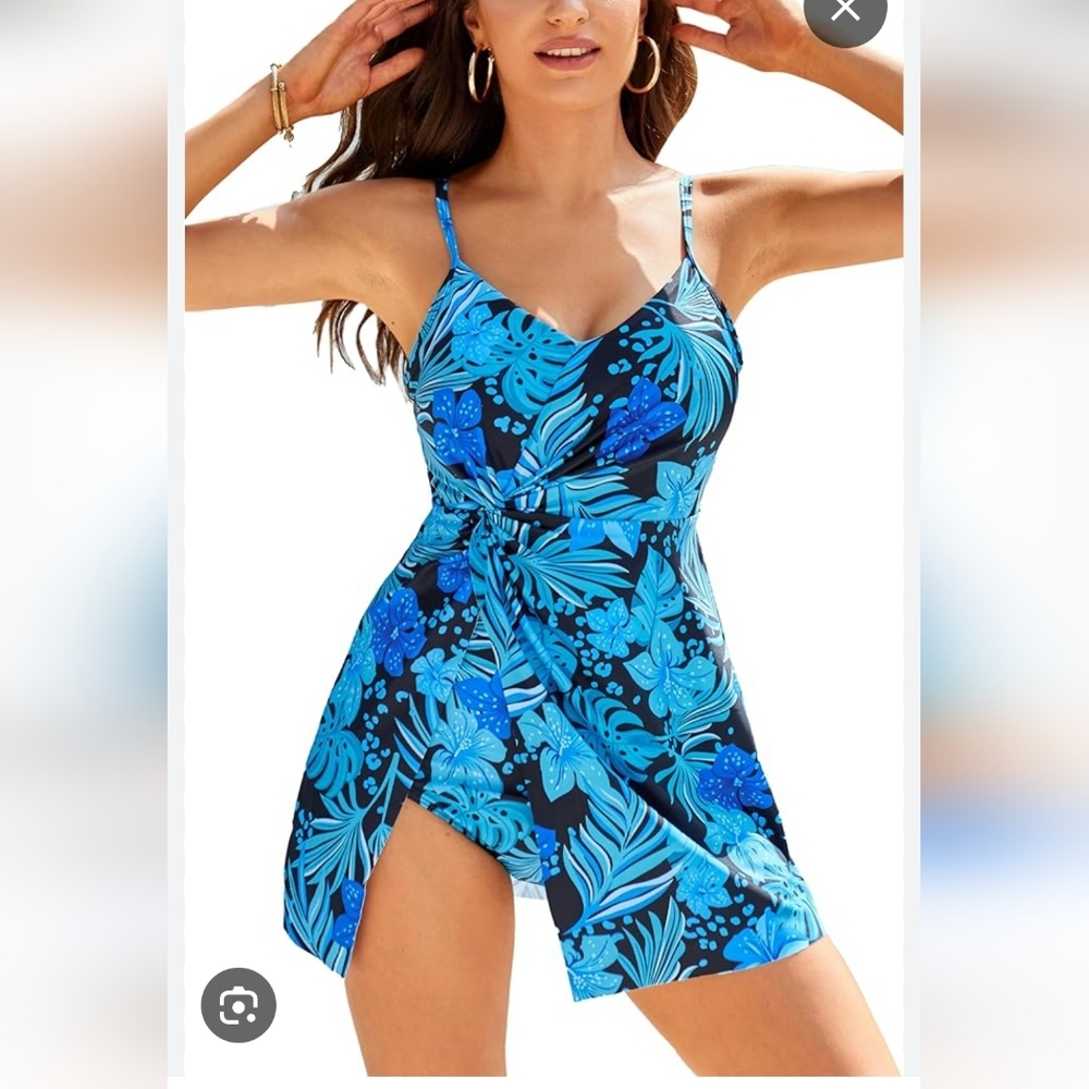 New!Blue Floral Tropic Women Swimsuit V Neck  Adjustable Straps 2pc Vintage Y2K